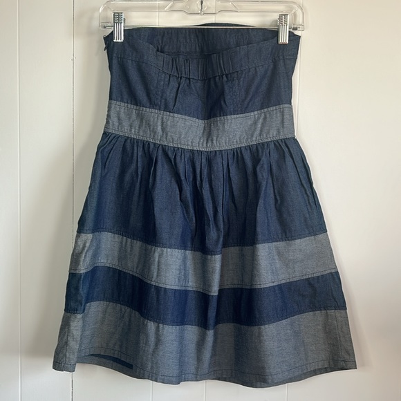 Forever 21 Strapless Dress Womens Small Denim & Navy Blue Striped with Pockets! - Picture 5 of 10